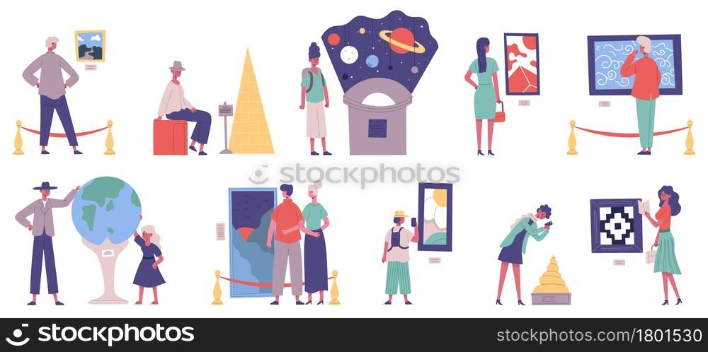 Museum, art gallery and planetarium exhibition excursion visitors. Gallery painting artwork and history museum exhibitions vector illustration set. Man and woman looking at works, taking photos. Museum, art gallery and planetarium exhibition excursion visitors. Gallery painting artwork and history museum exhibitions vector illustration set