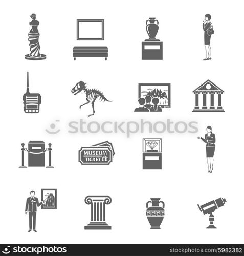 Museum black icons set with fine art objects and visitors isolated vector illustration. Museum Icons Set