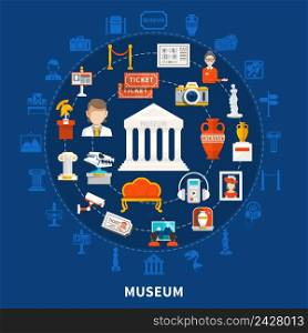 Museum blue background with color icons in round design including paleontology archaeological historical artifacts and art objects flat vector illustration. Museum Round Design Concept