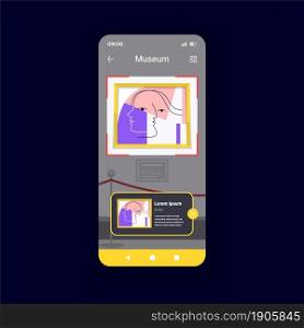 Museum dark smartphone interface vector template. Mobile app page design layout. Interactive guide. Visit exhibition from phone. Online gallery tour screen. Flat UI for application. Phone display. Museum dark smartphone interface vector template