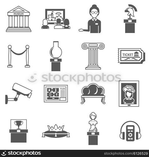 Museum Decorative Black Icons Set. Museum decorative black icons set of ancient sculpture audio classical picture knight armor and museum caretaker isolated vector illustration