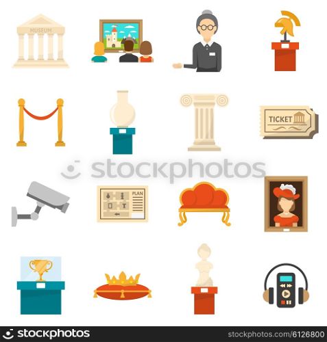 Museum Decorative Flat Color Icons Set. Museum decorative flat color icons set of exhibits audio guide headphones and ticket isolated vector illustration