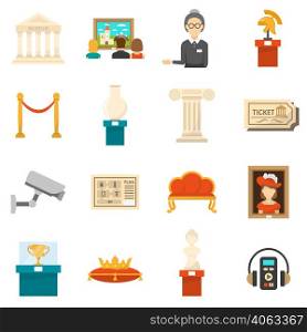 Museum decorative flat color icons set of exhibits audio guide headphones and ticket isolated vector illustration . Museum Decorative Flat Color Icons Set