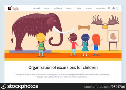 Museum excursion for children vector, kids looking at big furry mammoth with tusks. Horns of animals and pictures on wall, school activities. Website or webpage template, landing page flat style. Organization of Excursions for Children Museum