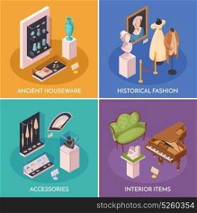 Museum Exhibition 2x2 Design Concept . Museum exhibition 2x2 design concept with interior items ancient houseware historical fashion and accessories square compositions isometric vector illustration