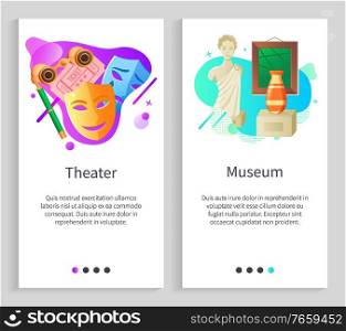 Museum exhibition and theater vector, items collected in one place, sculpture of woman and vase, painting of antiquity. Drama and comedy mask. Website or slider app, landing page flat style. Theater and Museum Cultural Art Centers Vector