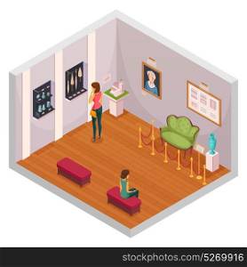 Museum Exhibition Isometric Composition . Exhibition isometric composition representing interior of museum hall with visitors exhibits of furniture and accessories vector illustration