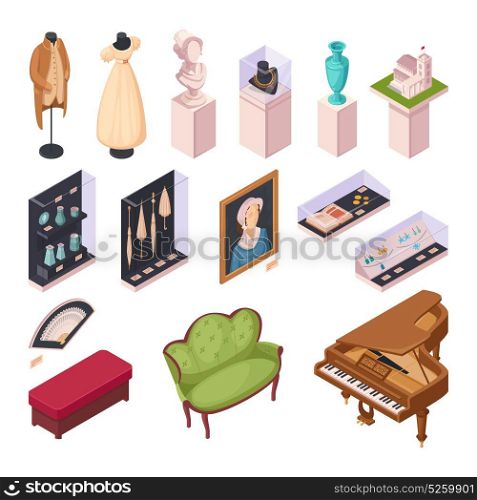 Museum Exhibition Isometric Icons Set. Museum exhibition isometric icons set with interior items historical fashion and ancient houseware 3d vector illustration
