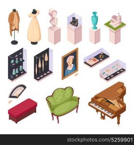 Museum Exhibition Isometric Icons Set. Museum exhibition isometric icons set with interior items historical fashion and ancient houseware 3d vector illustration