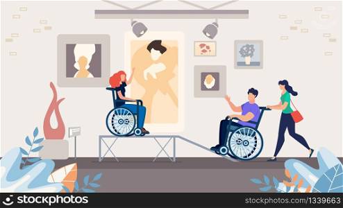 Museum Exhibition Showpieces Accessibility for Visitors with Disability Concept. Man and Woman in Wheelchair Meets in Museum, Handicapped Person Visiting Art Gallery Trendy Flat Vector Illustration