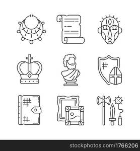 Museum exhibitions linear icons set. Ancient jewelry. Historical manuscript. Ritual masks. Royal crown. Customizable thin line contour symbols. Isolated vector outline illustrations. Editable stroke. Museum exhibitions linear icons set