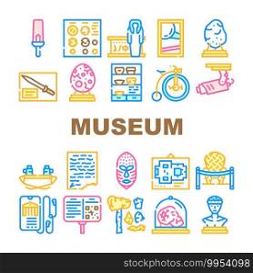 Museum Exhibits And Excursion Icons Set Vector. Museum Cctv And Audio Guide, Coins And Skull, Dinosaur Egg And Meteorite, Statue And Pottery Concept Linear Pictograms. Contour Color Illustrations. Museum Exhibits And Excursion Icons Set Vector