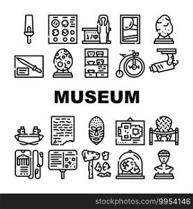 Museum Exhibits And Excursion Icons Set Vector. Museum Cctv And Audio Guide, Coins And Skull, Dinosaur Egg And Meteorite, Statue And Pottery Black Contour Illustrations. Museum Exhibits And Excursion Icons Set Vector