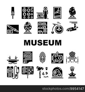 Museum Exhibits And Excursion Icons Set Vector. Museum Cctv And Audio Guide, Coins And Skull, Dinosaur Egg And Meteorite, Statue And Pottery Glyph Pictograms Black Illustrations. Museum Exhibits And Excursion Icons Set Vector