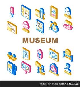 Museum Exhibits And Excursion Icons Set Vector. Museum Cctv And Audio Guide, Coins And Skull, Dinosaur Egg And Meteorite, Statue And Pottery Isometric Sign Color Illustrations. Museum Exhibits And Excursion Icons Set Vector