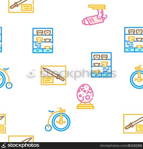 Museum Exhibits And Excursion Vector Seamless Pattern Color Line Illustration. Museum Exhibits And Excursion Icons Set Vector