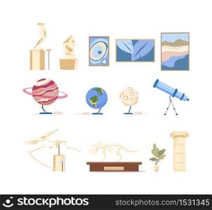 Museum exhibits flat color vector objects set. Dinosaur skeleton showcase. Picture for art gallery. Antique sculpture. Exposition masterpieces 2D isolated cartoon illustrations on white background. Museum exhibits flat color vector objects set
