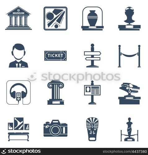 Museum Flat Black Icon Set. Museum flat icon set with black silhouette symbols of museum interior exhibit and special signs vector illustration