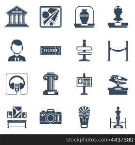 Museum Flat Black Icon Set. Museum flat icon set with black silhouette symbols of museum interior exhibit and special signs vector illustration