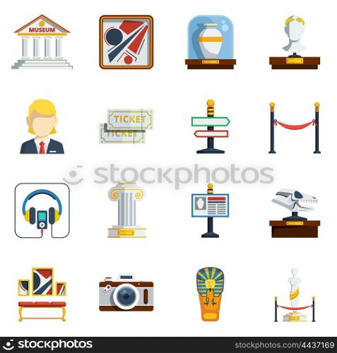 Museum Flat Icon Set. Museum flat icon set with colored abstract elements like pictures antique vase labels tickets sculptures and others vector illustration