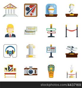Museum Flat Icon Set. Museum flat icon set with colored abstract elements like pictures antique vase labels tickets sculptures and others vector illustration