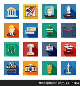 Museum Flat Squared Icon Set. Museum flat squared icon set with colorful shadowed flat elements of museum equipment exhibit and announcement vector illustration