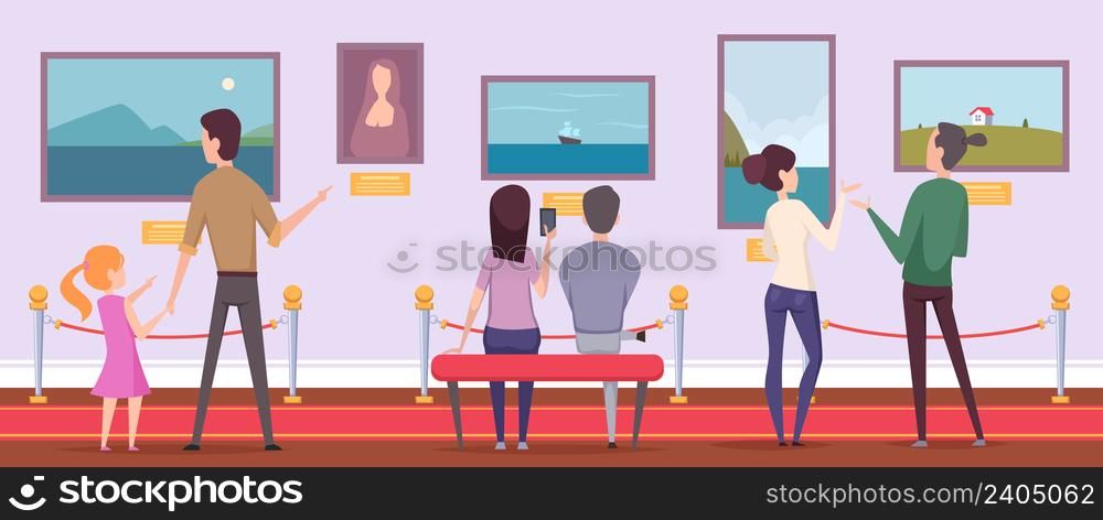 Museum gallery. Visitors looking paintings on exposition museum contemplating exact vector cartoon background. Illustration of museum exhibition art and exhibit interior. Museum gallery. Visitors looking paintings on exposition museum contemplating exact vector cartoon background