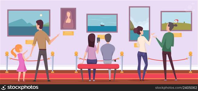 Museum gallery. Visitors looking paintings on exposition museum contemplating exact vector cartoon background. Illustration of museum exhibition art and exhibit interior. Museum gallery. Visitors looking paintings on exposition museum contemplating exact vector cartoon background
