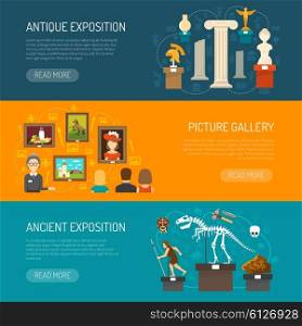 Museum Horizontal Banners. Museum horizontal banner set with exhibits of archaeological finds and antique expositions and picture gallery flat vector illustration