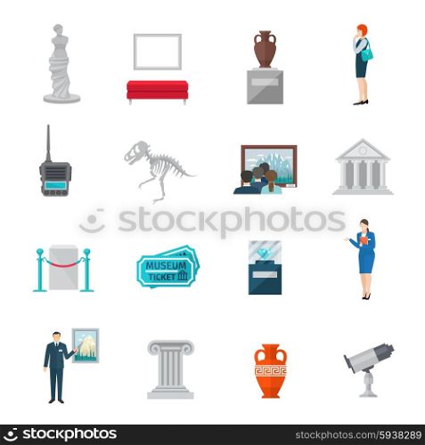 Museum icon flat set with ticket statue visitors and guides isolated vector illustration. Museum Icon Flat