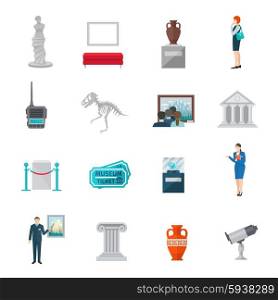 Museum icon flat set with ticket statue visitors and guides isolated vector illustration. Museum Icon Flat
