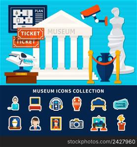 Museum icons collection of antique exposure caretaker ticket artworks museum building with title and columns flat vector illustration. Museum Icons Collection