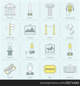 Museum icons flat line set of statue column audio guide isolated vector illustration