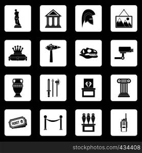 Museum icons set in white squares on black background simple style vector illustration. Museum icons set squares vector