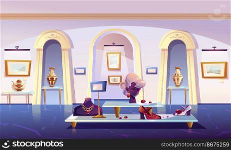 Museum installation, luxury items exhibition gold jewelry necklace and earrings with ruby gemstones on mannequin, female shoes, teapot and elegant vase, pictures in canvas, cartoon vector illustration. Museum installation, luxury items exhibition.