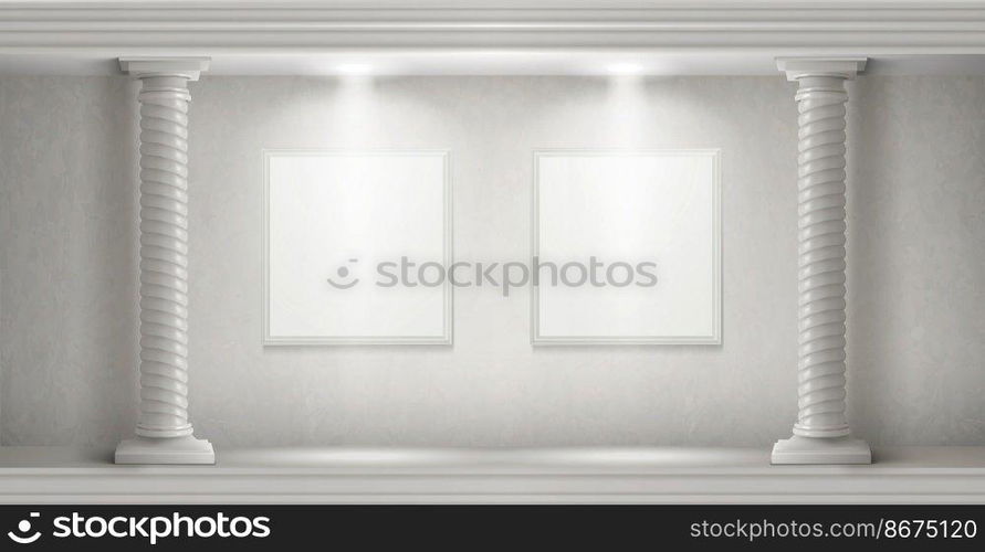 Museum interior in antique castle with blank paintings frames illuminated by spotlights. Vector realistic empty gallery room with white marble twisted columns. Museum interior with columns and blank paintings