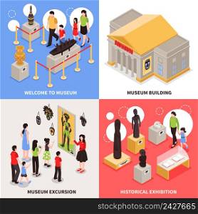 Museum isometric design concept with excursion for visitors, building architecture, historical exhibition isolated vector illustration. Museum Isometric Design Concept