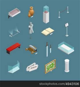 Museum Isometric Icons Set. Isometric icons set of museum exhibits and elements like ancient vase or informational plate isolated vector illustration