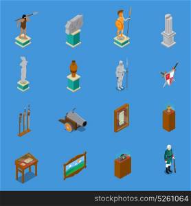 Museum Isometric Icons Set. Museum isometric icons set with warriors and weapon, scroll, vase, sculpture on blue background isolated vector illustration