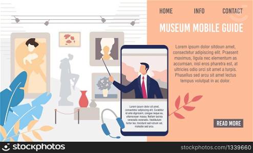 Museum Mobile Guide Application or Service Web Banner, Lading Page Template. Excursion Guide Telling, Pointing with Pointer on Museum Artworks from Smartphone Screen Trendy Flat Vector Illustration