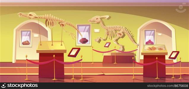 Museum of history with dinosaur skeletons, ancient insects in amber, clay pot and dino fossils. Artifacts at historical exhibition. Paleontology or archaeology science, Cartoon vector illustration. Museum of history with dinosaur skeleton artifacts