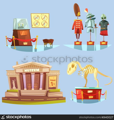 Museum Retro Cartoon 2x2 Flat Icons Set. Museum with one dollar ticket today and historical exhibits on glassy floor retro cartoon 2x2 flat icons set