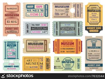 Museum retro tickets, admits templates. Vector coupons exhibition access with date, time, seat and row number, price and separation line. Vintage paper cards set for art, antiques city museum entry. Museum retro tickets, admits vector templates