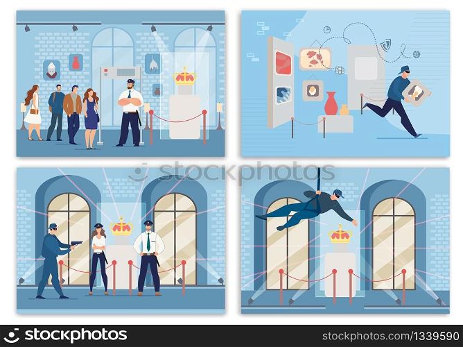Museum Security Guard and Theft Protection. Group Excursion. Medieval History Exhibition. Master Thief in Mask Stealing Crown and Famous Figure Portrait. People Scene Set. Vector Illustration