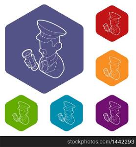 Museum security guard icons vector colorful hexahedron set collection isolated on white. Museum security guard icons vector hexahedron