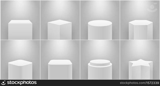 Museum stage. Empty product pedestal, white column. Platform for exhibition, expo podium and spotlight 3d realistic isolated vector set. Gallery geometric stands of different shape for exhibits. Museum stage. Empty product pedestal, white column. Platform for exhibition, expo podium and spotlight 3d realistic isolated vector set