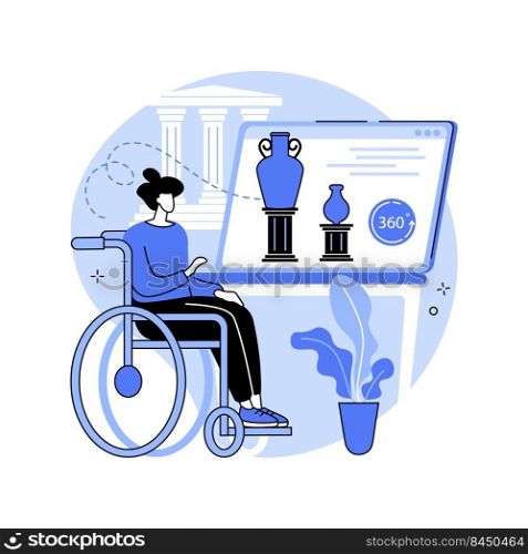 Museum virtual tour isolated cartoon vector illustrations. Woman with disabilities has museum tour online using laptop, virtual and augmented reality, modern technology vector cartoon.. Museum virtual tour isolated cartoon vector illustrations.