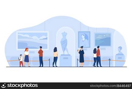 Museum visitors walking in art gallery. Tourists enjoying exposition, admiring artworks at exhibition. Vector illustration for excursion, people and culture concept.