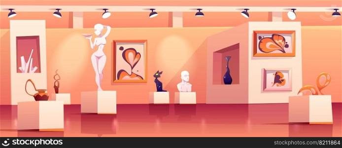 Museum with modern artworks. Art gallery interior with contemporary exhibition. Vector cartoon illustration of exposition with abstract paintings, sculptures, vase and statue. Vector museum interior with modern artworks