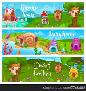 Mushroom, acorn, caramel and shell, flower and beehive, nest cartoon dwellings and houses. Vector banners with gnome, fairy or dwarf fantasy buildings, cute homes in forest, green field and sea shore. Mushroom, acorn, caramel, shell and flower houses